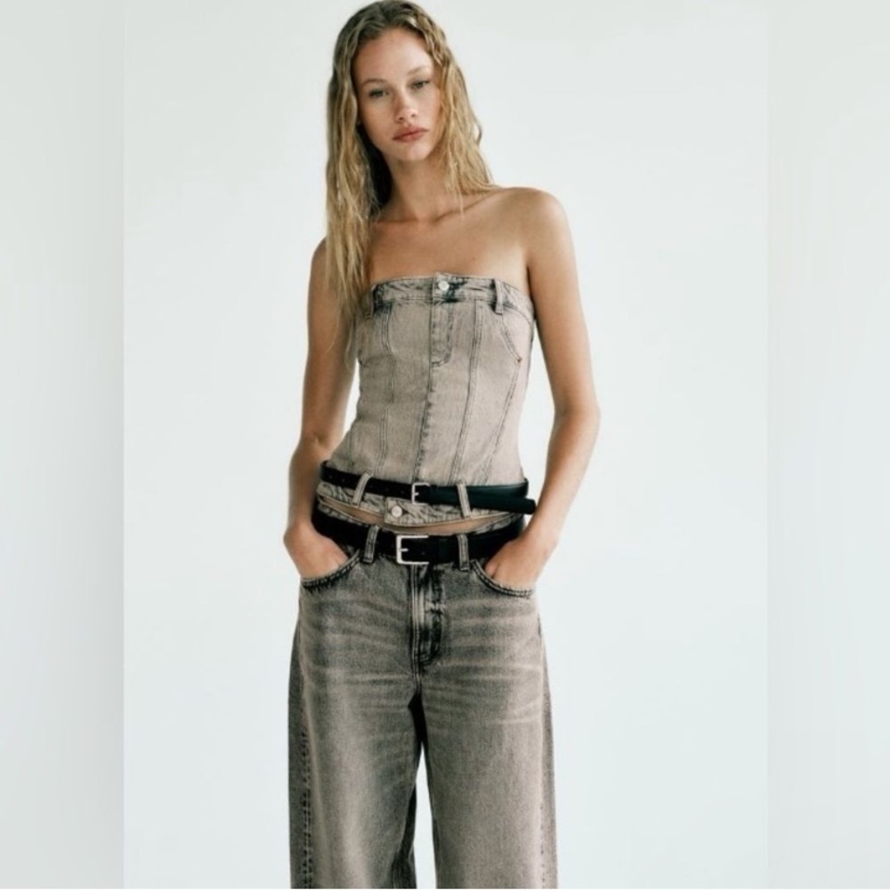 ZARA Tan Brown Grey Acid Wash Denim Buttoned Strapless Top